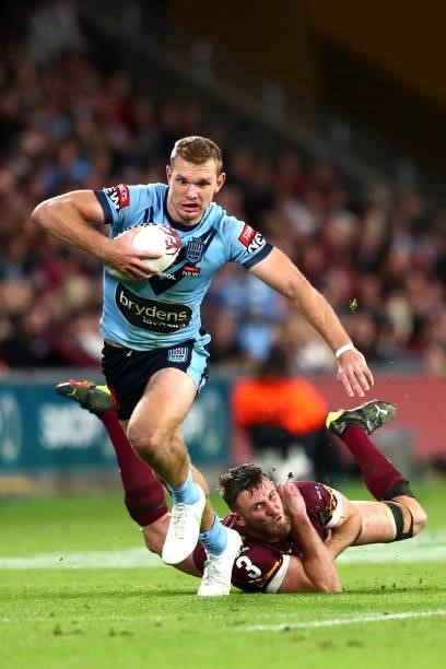 Tom Trbojevic of the Blues makes a break during game two of the 2021 State of Origin series between the Queensland Maroons and the New South Wales...