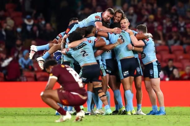 The Blues celebrate winning game two of the 2021 State of Origin series between the Queensland Maroons and the New South Wales Blues at Suncorp...