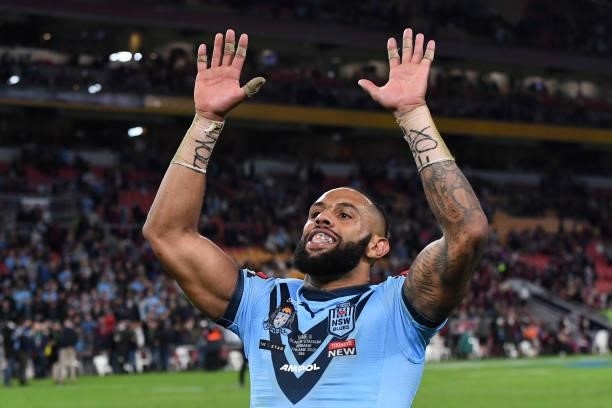 Josh Addo-Carr of the Blues celebrates winning game two of the 2021 State of Origin series between the Queensland Maroons and the New South Wales...