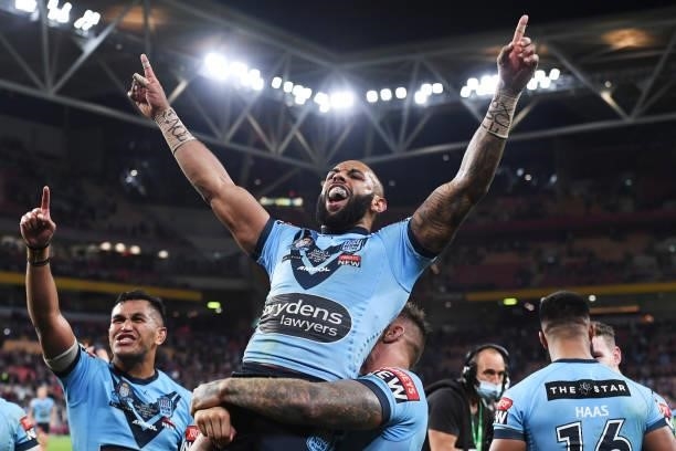 Josh Addo-Carr of the Blues celebrates winning game two of the 2021 State of Origin series between the Queensland Maroons and the New South Wales...
