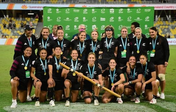 The New Zealand team pose for a photo after winning the Oceania Sevens Challenge at Queensland Country Bank Stadium on June 27, 2021 in Townsville,...