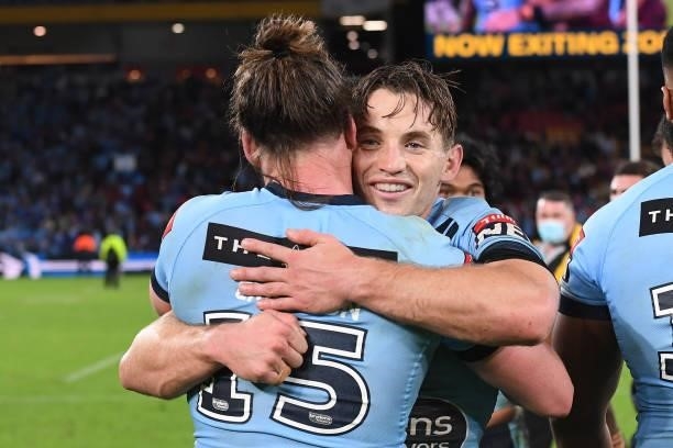 Cameron Murray of the Blues and Angus Crichton of the Blues celebrate winning game two of the 2021 State of Origin series between the Queensland...