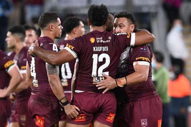 Felise Kaufusi of the Maroons embraces team mates after game two of the 2021 State of Origin series between the Queensland Maroons and the New South...