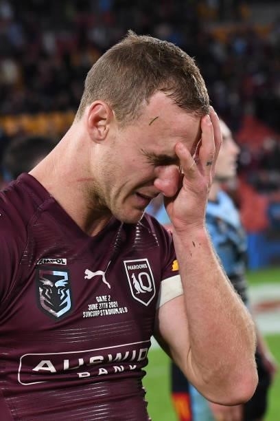 Daly Cherry-Evans of the Maroons reacts after losing game two of the 2021 State of Origin series between the Queensland Maroons and the New South...