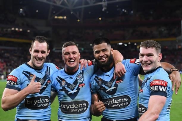 Isaah Yeo of the Blues, Jack Wighton of the Blues, Payne Haas of the Blues and Liam Martin of the Blues celebrate winning game two of the 2021 State...