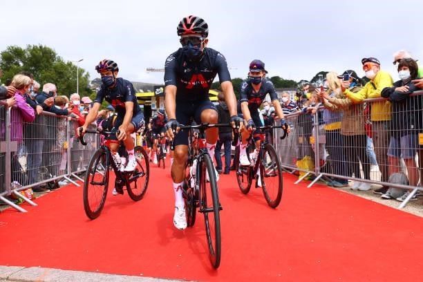 Richie Porte of Australia, Richard Carapaz of Ecuador & Tao Geoghegan Hart of The United Kingdom and Team INEOS Grenadiers at start during the 108th...