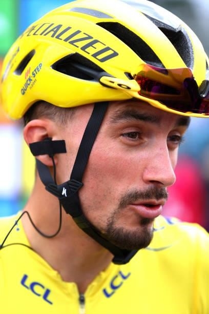Julian Alaphilippe of France and Team Deceuninck - Quick-Step yellow leader jersey at start during the 108th Tour de France 2021, Stage 2 a 183,5km...