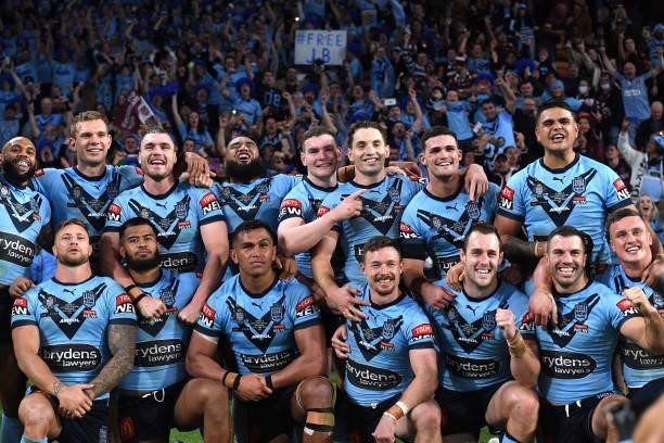 The Blues celebrate winning game two of the 2021 State of Origin series between the Queensland Maroons and the New South Wales Blues at Suncorp...