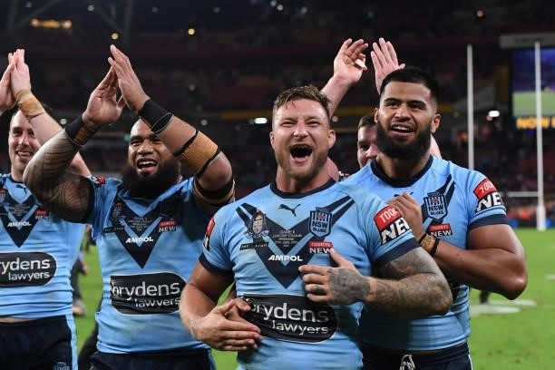 Tariq Sims of the Blues celebrates winning game two of the 2021 State of Origin series between the Queensland Maroons and the New South Wales Blues...