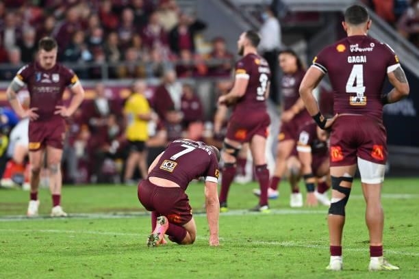 Daly Cherry-Evans of the Maroons reacts after losing game two of the 2021 State of Origin series between the Queensland Maroons and the New South...