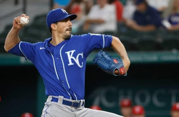 Kyle Zimmer of the Kansas City Royals pitches against the Texas Rangers during the first inning at Globe Life Field on June 26, 2021 in Arlington,...