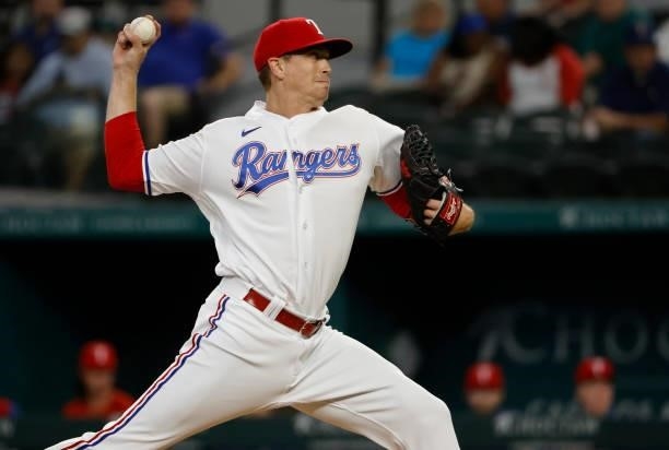 Kyle Gibson of the Texas Rangers pitches against the Kansas City Royals during the first inning at Globe Life Field on June 26, 2021 in Arlington,...