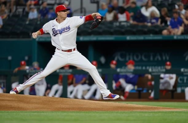 Kyle Gibson of the Texas Rangers pitches against the Kansas City Royals during the first inning at Globe Life Field on June 26, 2021 in Arlington,...