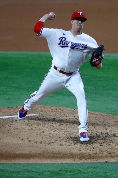 Kyle Gibson of the Texas Rangers pitches against the Kansas City Royals during the second inning at Globe Life Field on June 26, 2021 in Arlington,...