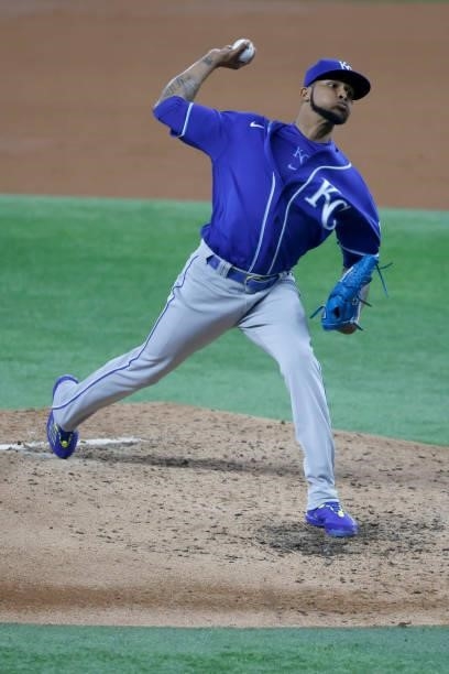 Ervin Santana of the Kansas City Royals pitches against the Texas Rangers during the third inning at Globe Life Field on June 26, 2021 in Arlington,...