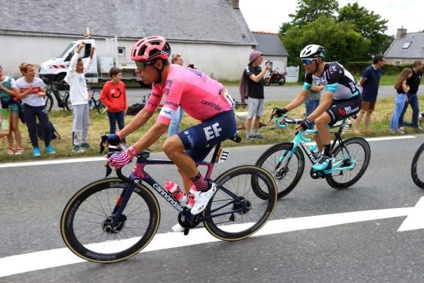 Rigoberto Urán of Colombia and Team EF Education - Nippo & Luka Mezgec of Slovenia and Team BikeExchange during the 108th Tour de France 2021, Stage...