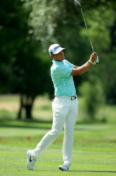 Vincent Norrman of Sweden plays his second shot on the 18th hole during the final round of The BMW International Open at Golfclub Munchen Eichenried...