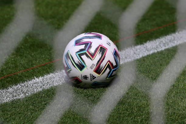 Detailed view of the Adidas Uniforia match ball is seen during a goal line technology test prior to the UEFA Euro 2020 Championship Round of 16 match...