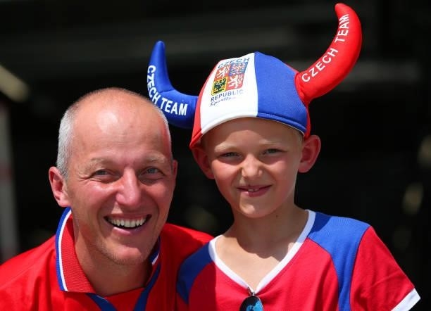Fans of Czech Republic, one wearing a hat, pose for a photograph prior to the UEFA Euro 2020 Championship Round of 16 match between Netherlands and...