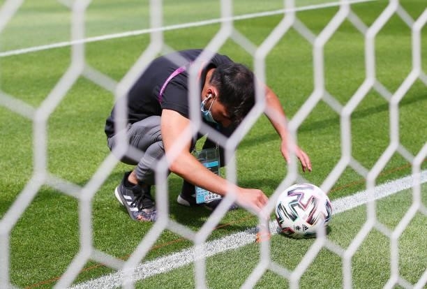 The goal-line technology is checked prior to the UEFA Euro 2020 Championship Round of 16 match between Netherlands and Czech Republic at Puskas Arena...