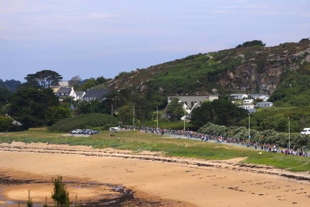 The Peloton passing through Trebeurden Village beach during the 108th Tour de France 2021, Stage 2 a 183,5km stage from Perros-Guirec to...