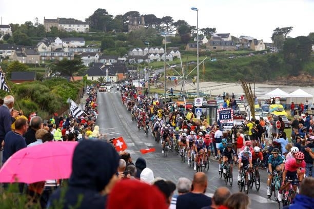 The Peloton passing through the Plage De Trestel during the 108th Tour de France 2021, Stage 2 a 183,5km stage from Perros-Guirec to Mûr-de-Bretagne...