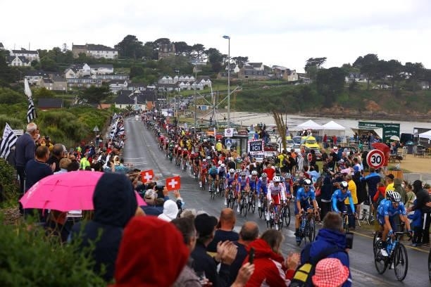 The Peloton passing through the Plage De Trestel during the 108th Tour de France 2021, Stage 2 a 183,5km stage from Perros-Guirec to Mûr-de-Bretagne...