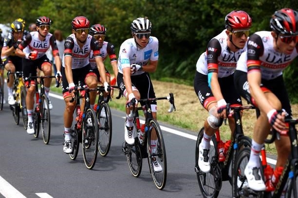 Tadej Pogačar of Slovenia and UAE-Team Emirates White Best Young Rider Jersey and Teammates during the 108th Tour de France 2021, Stage 2 a 183,5km...