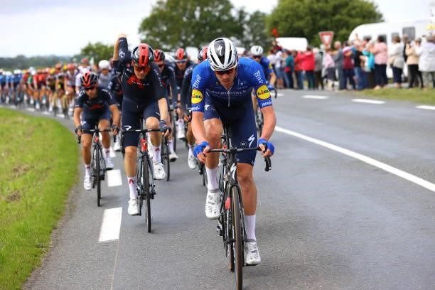 Dylan Van Baarle of The Netherlands and Team INEOS Grenadiers & Tim Declercq of Belgium and Team Deceuninck - Quick-Step lead The Peloton during the...