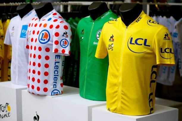 Yellow leader jersey, Polka Dot Mountain Jersey, White best young jersey & Green Points Jersey at start during the 108th Tour de France 2021, Stage 2...
