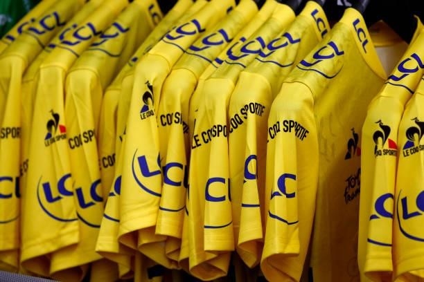 Yellow leader jersey at start during the 108th Tour de France 2021, Stage 2 a 183,5km stage from Perros-Guirec to Mûr-de-Bretagne Guerlédan 293m /...