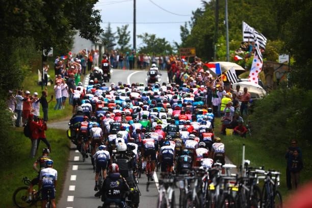 The peloton during the 108th Tour de France 2021, Stage 2 a 183,5km stage from Perros-Guirec to Mûr-de-Bretagne Guerlédan 293m / Public / Fans /...