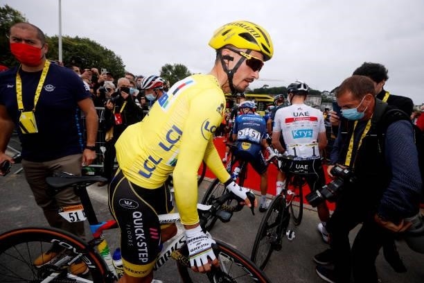 Julian Alaphilippe of France and Team Deceuninck - Quick-Step yellow leader jersey at start during the 108th Tour de France 2021, Stage 2 a 183,5km...
