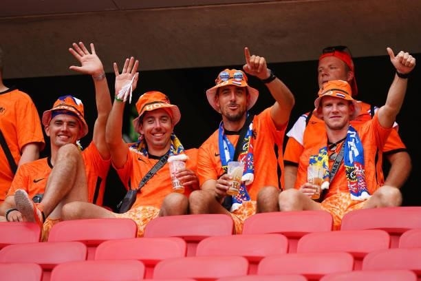 Netherlands fans pose for a photo inside the stadium prior to the UEFA Euro 2020 Championship Round of 16 match between Netherlands and Czech...