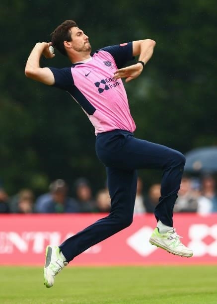 Steven Finn of Middlesex bowls during the Vitality Blast T20 match between Middlesex and Glamorgan at Radlett Cricket Club on June 27, 2021 in...