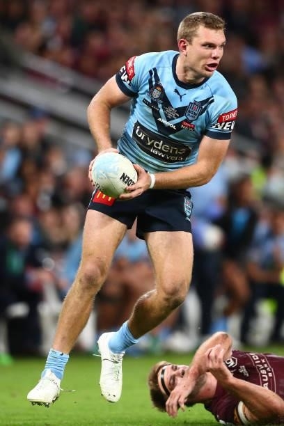 Tom Trbojevic of the Blues makes a break during game two of the 2021 State of Origin series between the Queensland Maroons and the New South Wales...