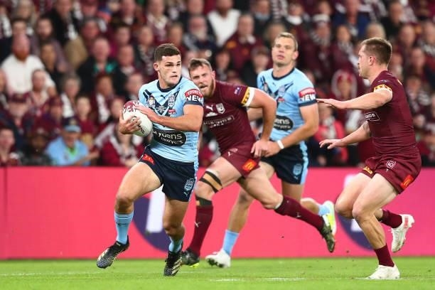 Nathan Cleary of the Blues makes a break during game two of the 2021 State of Origin series between the Queensland Maroons and the New South Wales...