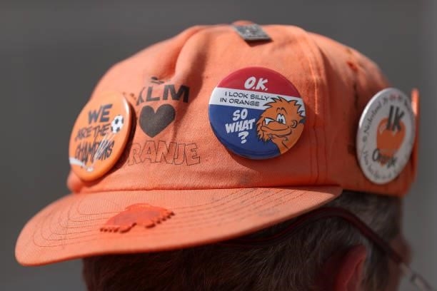 Detailed view of a Netherlands cap with badges outside the stadium prior to the UEFA Euro 2020 Championship Round of 16 match between Netherlands and...