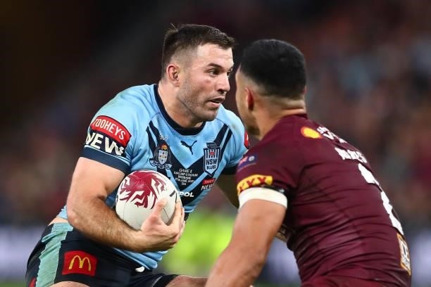 James Tedesco of the Blues runs the ball during game two of the 2021 State of Origin series between the Queensland Maroons and the New South Wales...