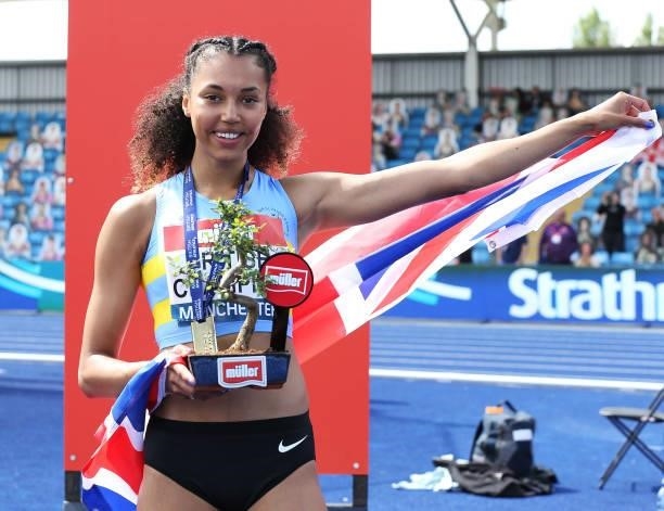 Morgan Lake of Windsor Sough Eaton and Hounslow pictured after winning the Womens High Jump Final during Day Three of the Muller British Athletics...