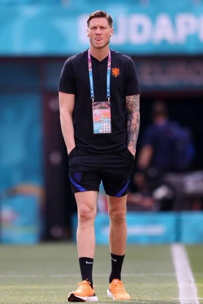 Wout Weghorst of Netherlands looks on as he inspects the pitch prior to the UEFA Euro 2020 Championship Round of 16 match between Netherlands and...