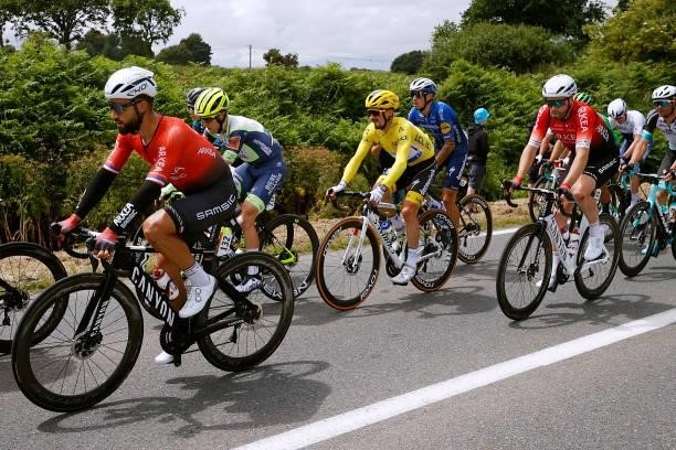 Nacer Bouhanni of France and Team Arkéa Samsic, Julian Alaphilippe of France yellow leader jersey, Mattia Cattaneo of Italy and Team Deceuninck -...