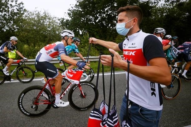 Jasper Stuyven of Belgium and Team Trek - Segafredo & Soigneur in feed zone during the 108th Tour de France 2021, Stage 2 a 183,5km stage from...