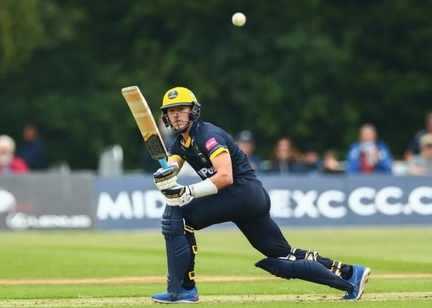 Callum Taylor of Glamorgan bats during the Vitality Blast T20 match between Middlesex and Glamorgan at Radlett Cricket Club on June 27, 2021 in...