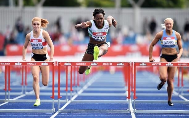 Tiffany Porter of Woodford Green wins the Womens 100m Hurdles Final during Day Three of the Muller British Athletics Championships at Manchester...