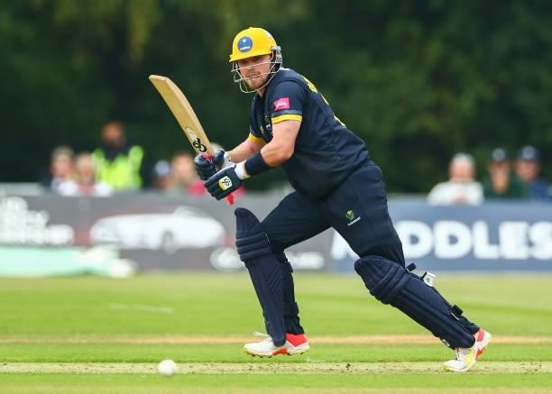 Dan Douthwaite of Glamorgan bats during the Vitality Blast T20 match between Middlesex and Glamorgan at Radlett Cricket Club on June 27, 2021 in...