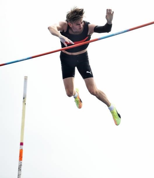 Harry Coppell of Wigan clears a jump in the Mens Pole Vault Final during Day Three of the Muller British Athletics Championships at Manchester...