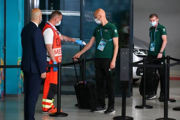 Match Referee, Sergei Karasev has his temperature checked at the entrance of the stadium prior to the UEFA Euro 2020 Championship Round of 16 match...
