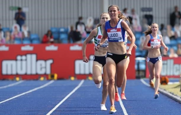 Jessica Judd of Blackburn Harriers wins the Womens 5000m Final during Day Three of the Muller British Athletics Championships at Manchester Regional...
