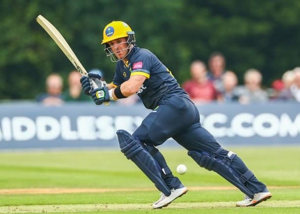 David Lloyd of Glamorgan bats during the Vitality Blast T20 match between Middlesex and Glamorgan at Radlett Cricket Club on June 27, 2021 in...